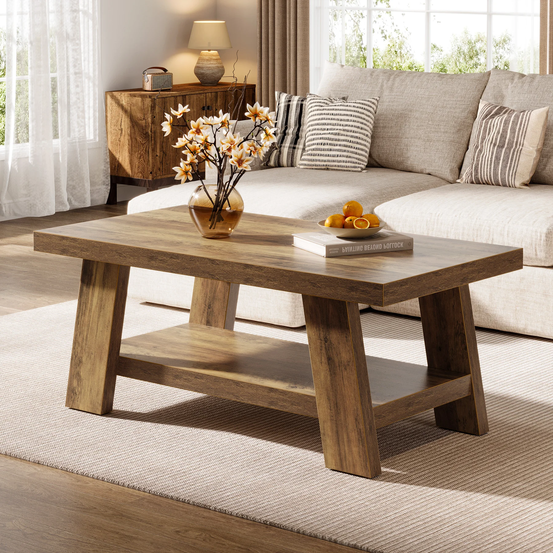 # Farmhouse Coffee Table, Rustic Coffee Tables for Living Room, 120 cm Rectangular Living Room Tables, 2-Tier Cent