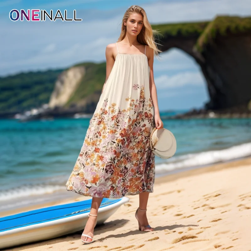 

ONEINALL Print Casual Camisole Dresses For Women Square Collar Backless Sleeve High Waist Minimalist Loose Dress Female Clothing