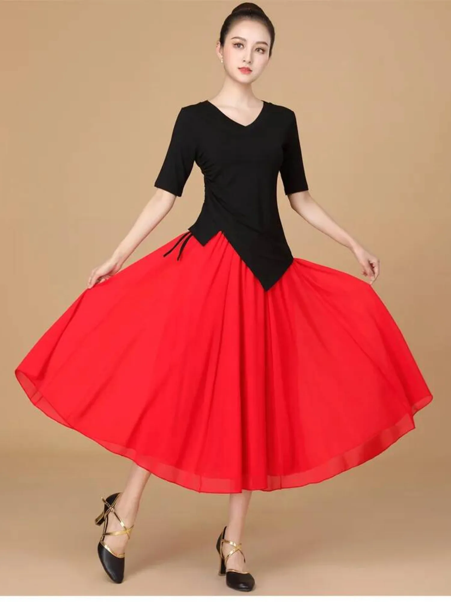 Conjunto de 2 uds de práctica de baile latino de Color sólido, disfraz de competición para mujer, Tops clásicos con cordón, ropa para el vientre, falda de gasa de salón