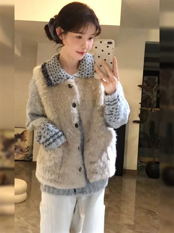 

Furry Short Sleeveless round Neck Vest Cardigan Women's Versatile Autumn Winter Soft Thick Outerwear Top Collar Regular ...