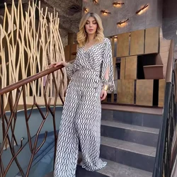 Two Piece Sets Women Pant Set Print V Neck Full Sleeve Loose Casual Tops Wide Leg Long Pants Elastic Waist Elegant Splice