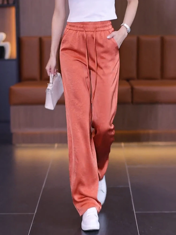 

Ice Silk Wide Leg Pants Women Summer Thin New Acetate Satin Pants High Waist Drape Casual Straight Leg Pants Commute Style