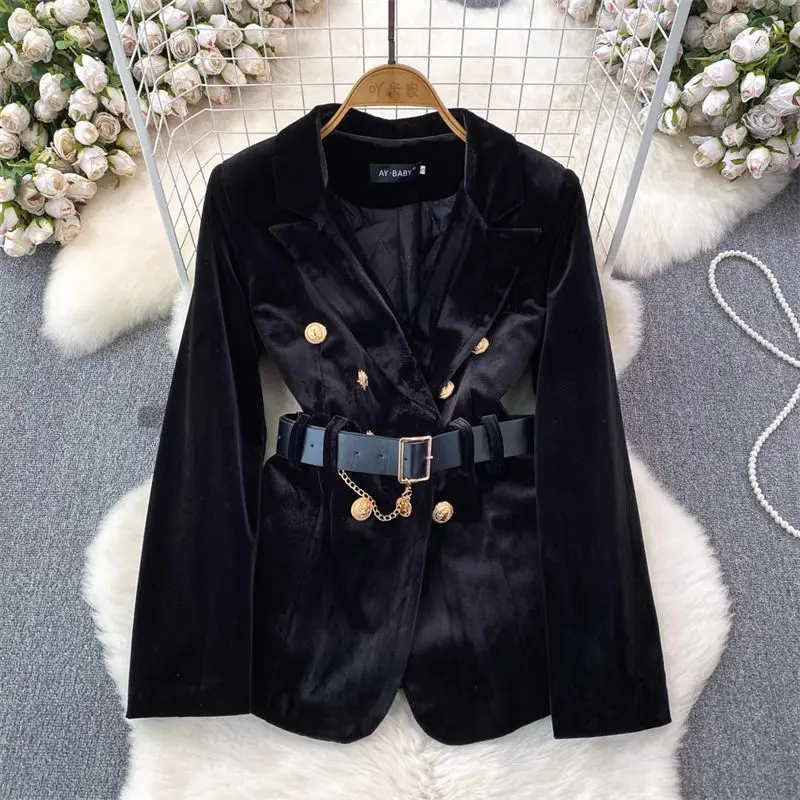 

French Temperament Medium Length Velvet Suit Jacket For Women Slim Fit Waistband Gold Buckle Blazer Quilted Coat Outerwear Z4424