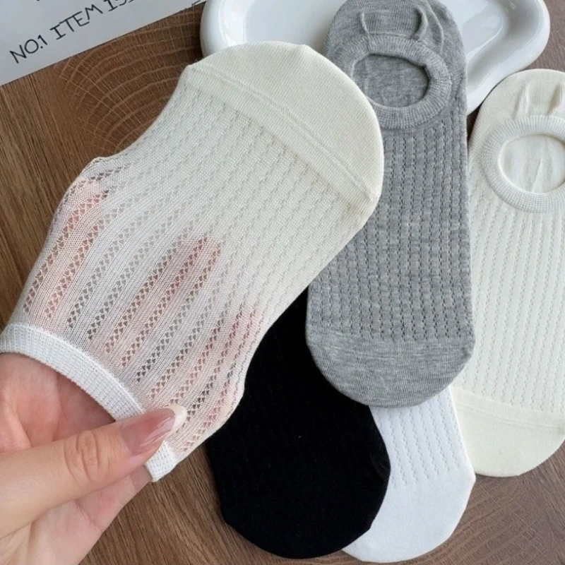 Women's Cotton White No Show Socks Summer Thin Mesh Liner Socks Japanese Style Breathable Sweat-absorbing Non-slip Low-cut Socks