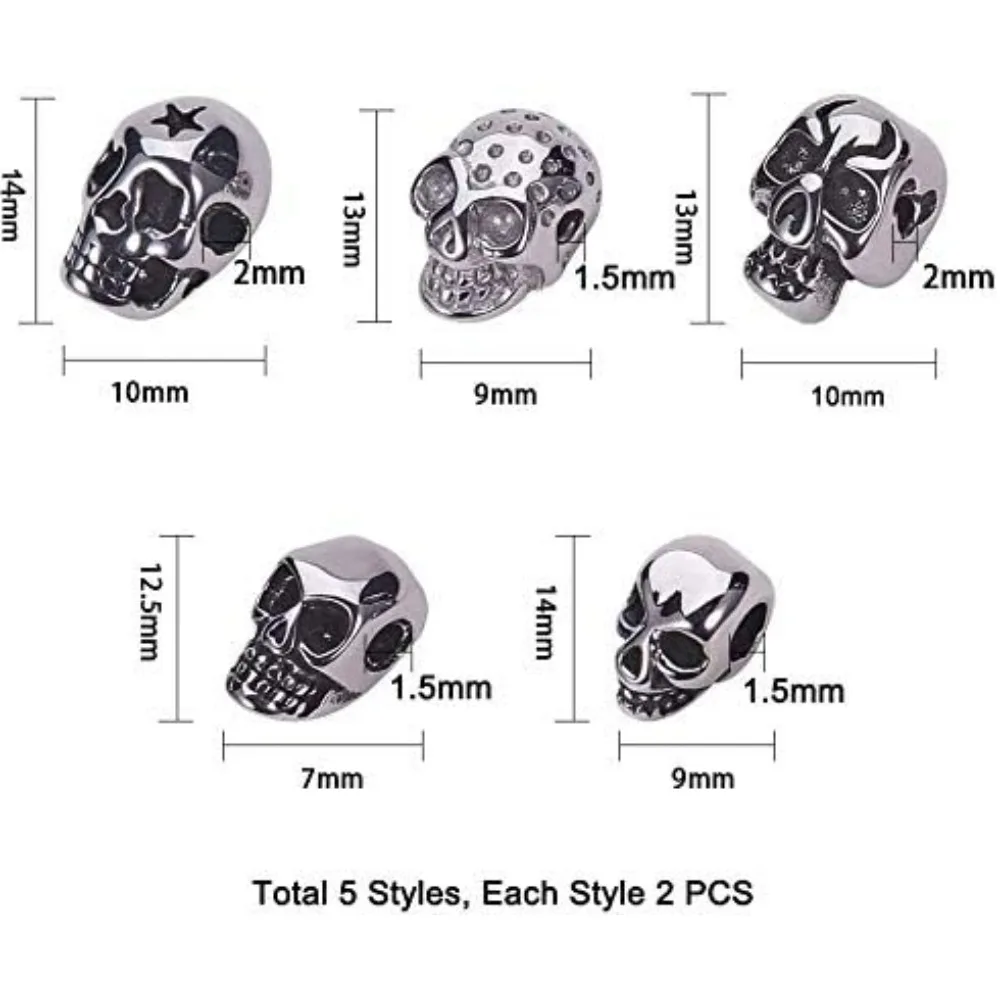 10pcs 5 Styles Skull Beads Stainless Steel Beads Skull Loose Skeleton Spacer Halloween for Jewelry making kit