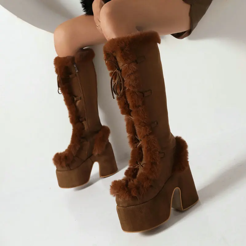Women High Boots Square Toe Chunky Super High Heel Punk Spice Girl Faux Fur Thick Sole High Heel Long Boots