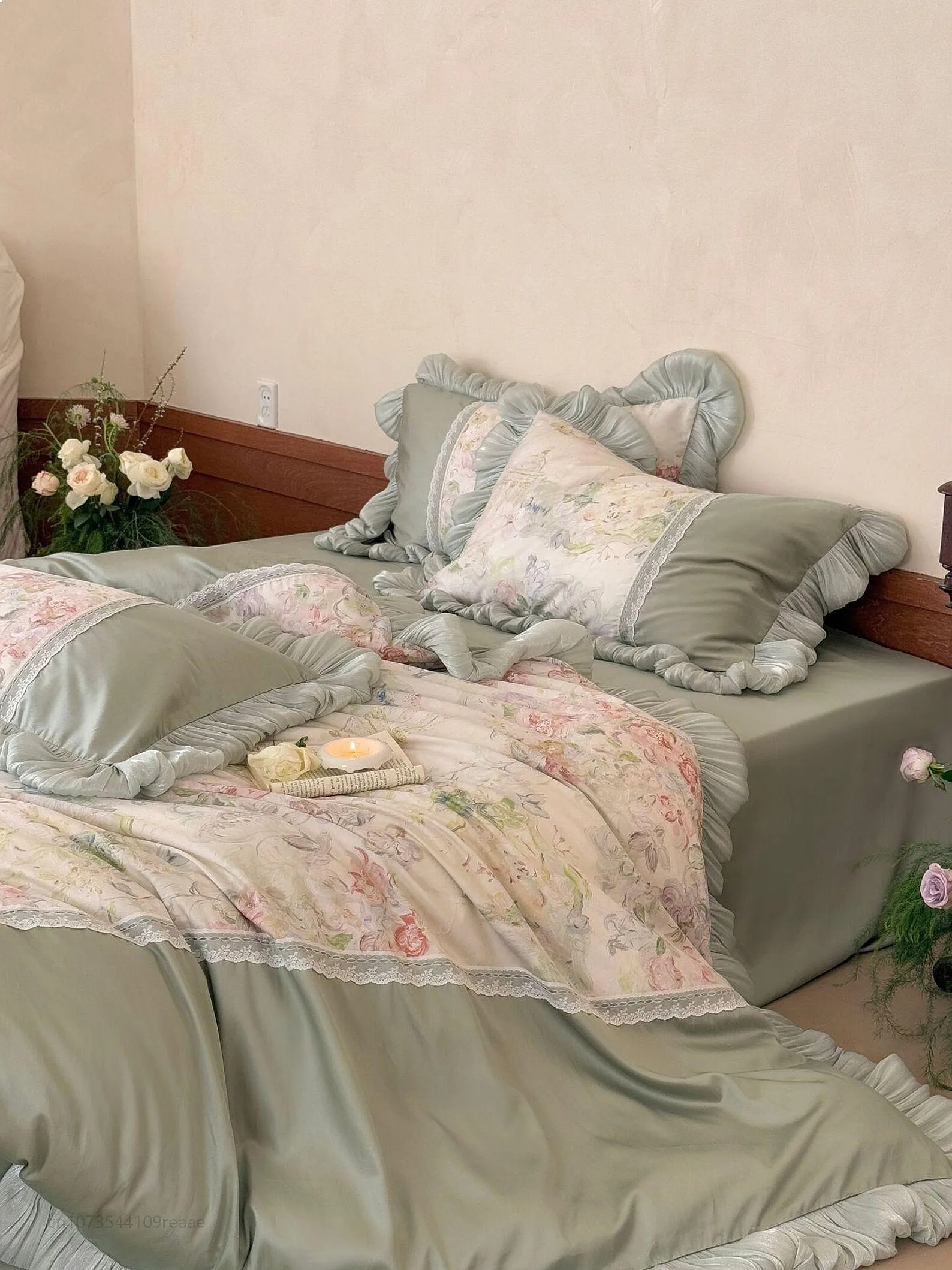 French Oil Painting Floral Cotton Duvet Cover Only Long Staple Lace Bedding