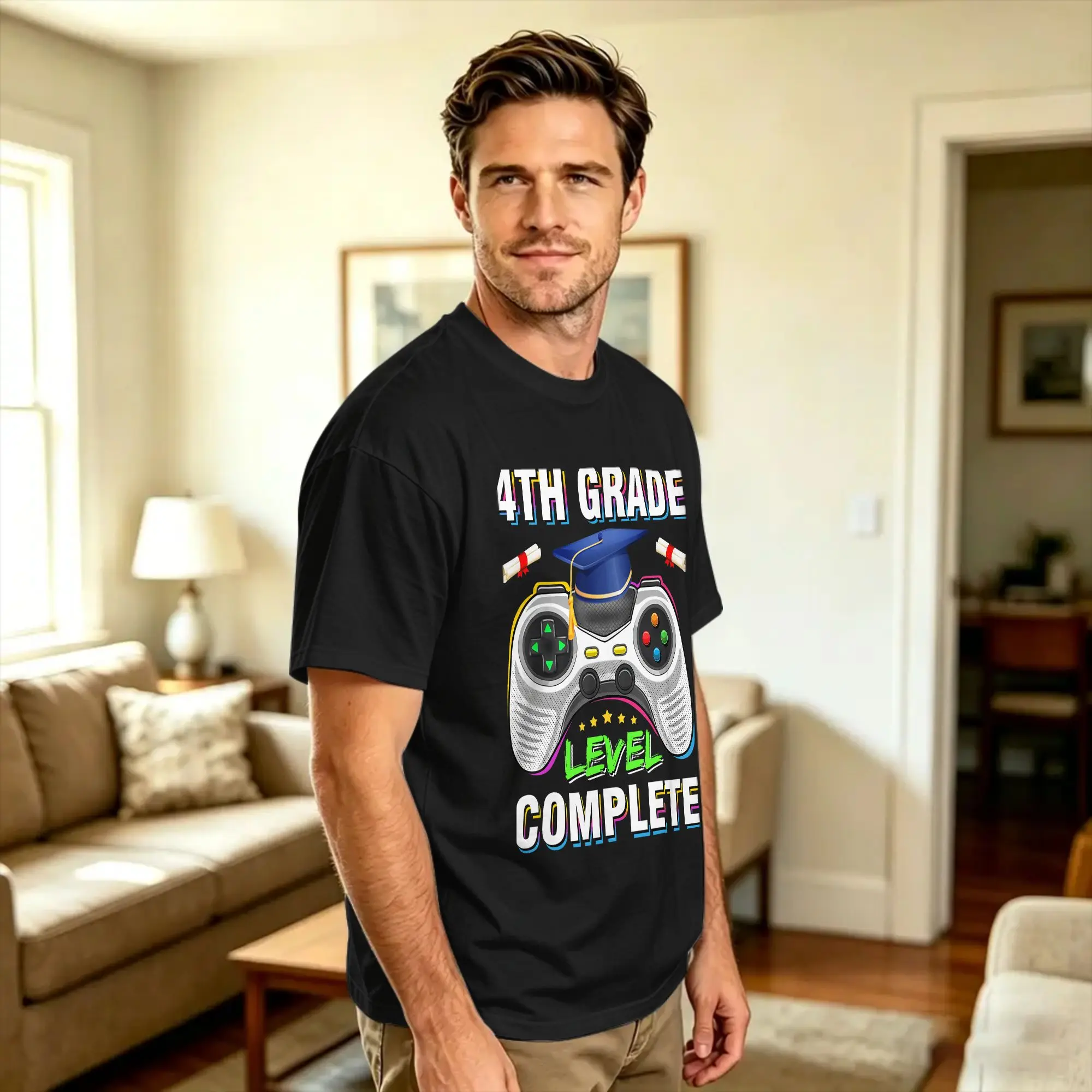 4th Grade Level Complete Graduation Gaming Class T Shirt Beach  Popular T-Shirts Cotton O-Neck Oversized Tees Short-Sleeve Tops