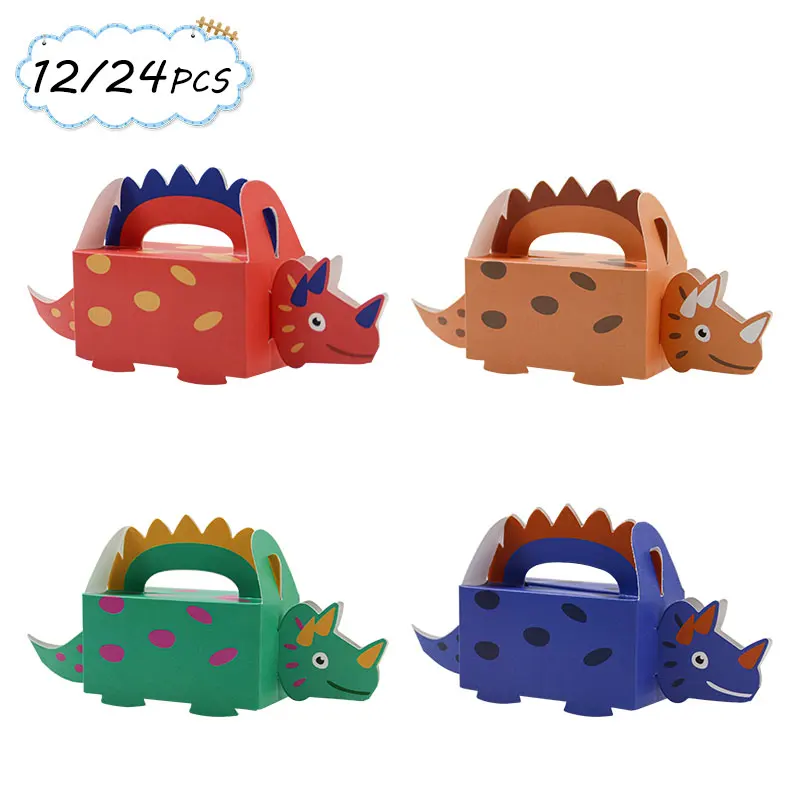 Cajas de dulces de dinosaurio de 12/24 piezas, cajas de papel para golosinas con asa de Triceratops, cajas de recuerdos de dinosaurio para decoraciones de fiestas de cumpleaños