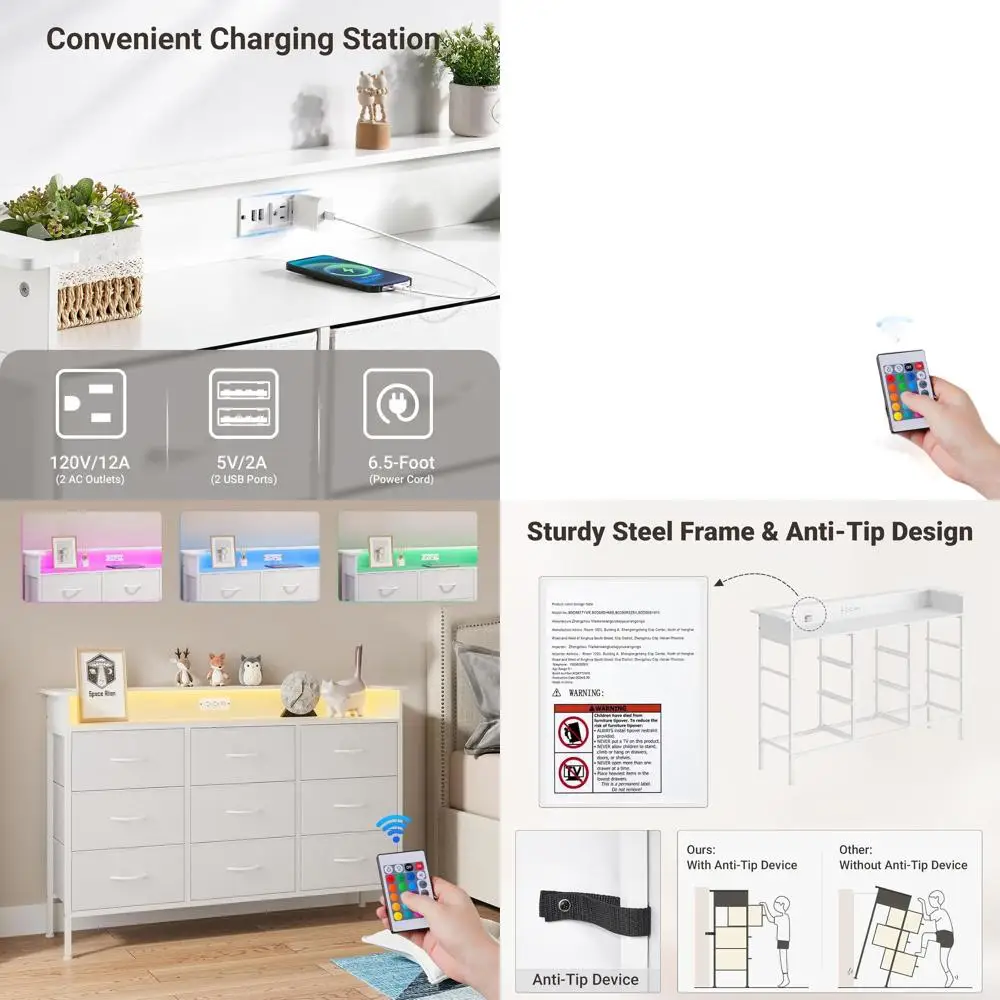 

LED-Illuminated 9-Drawer Dresser with Charging Station for Bedroom, Fabric Chest with PU Coating for Entryway Storage