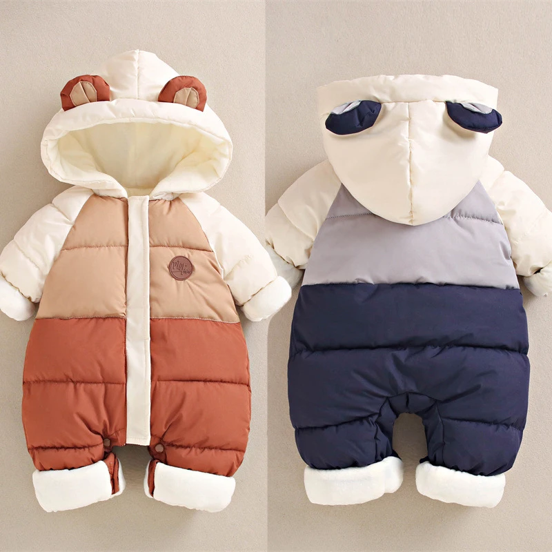 Winter New Baby Rompers Boys Girls Patchwork Thick Plus Velvet Jumpsuits Windproof Hooded Overalls Snowsuit One Piece Bodysuit