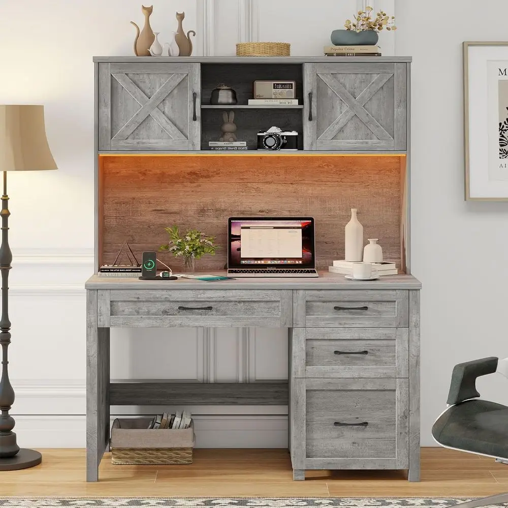 

Gray 67 Executive Desk with Hutch, 4 Drawers, LED Light, Storage Cabinet, and Charging Station for Home Office and Study