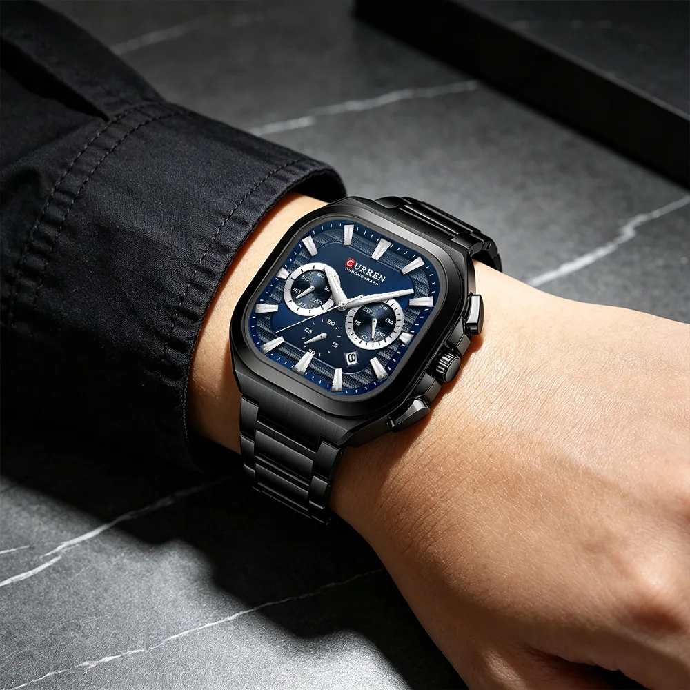 CURREN Men Square Chronograph Watch Black Stainless Steel Band with 3 Sub-Dials Casual Business Quartz Wristwatch Luminous Hands