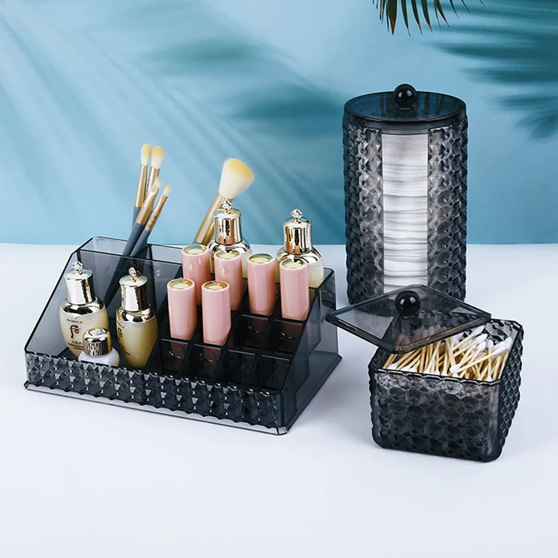 Elegant Black Acrylic Cosmetic Storage Box Diamond Pattern Cotton Swab Container Cotton Pad Lipstick Jewelry Storage Organizer