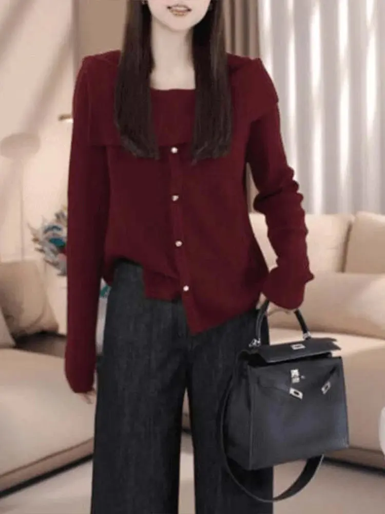 

Faionable Knitted Woolen Women's Sweater Spring Autumn New Design One-oulder Turn-down Collar Overhead Long Sve Top