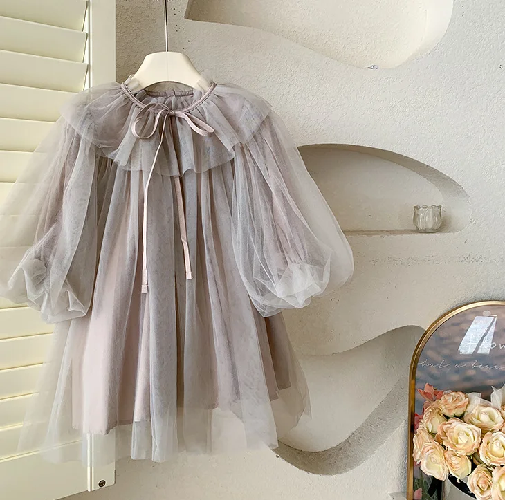 New Baby Girls Fall Mesh Long Sleeve  Dress, Princess Kids Sweet Party Dresses 2-8T