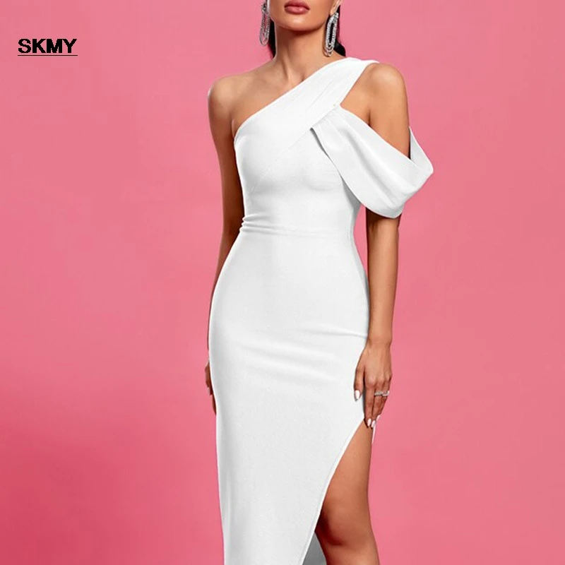 

SKMY Sexy Off Shoulder Slanted Shoulder Slit Irregular Long Dress In Red And White Elegant Dresses For Women