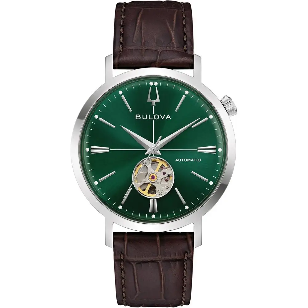 

Мужские классические часы Bulova Jet с автоматическим механизмом, 3 стрелки, кожаный ремешок, открытое циферблатное окно, запас хода 40 часов, двойное изогнутое минеральное стекло
