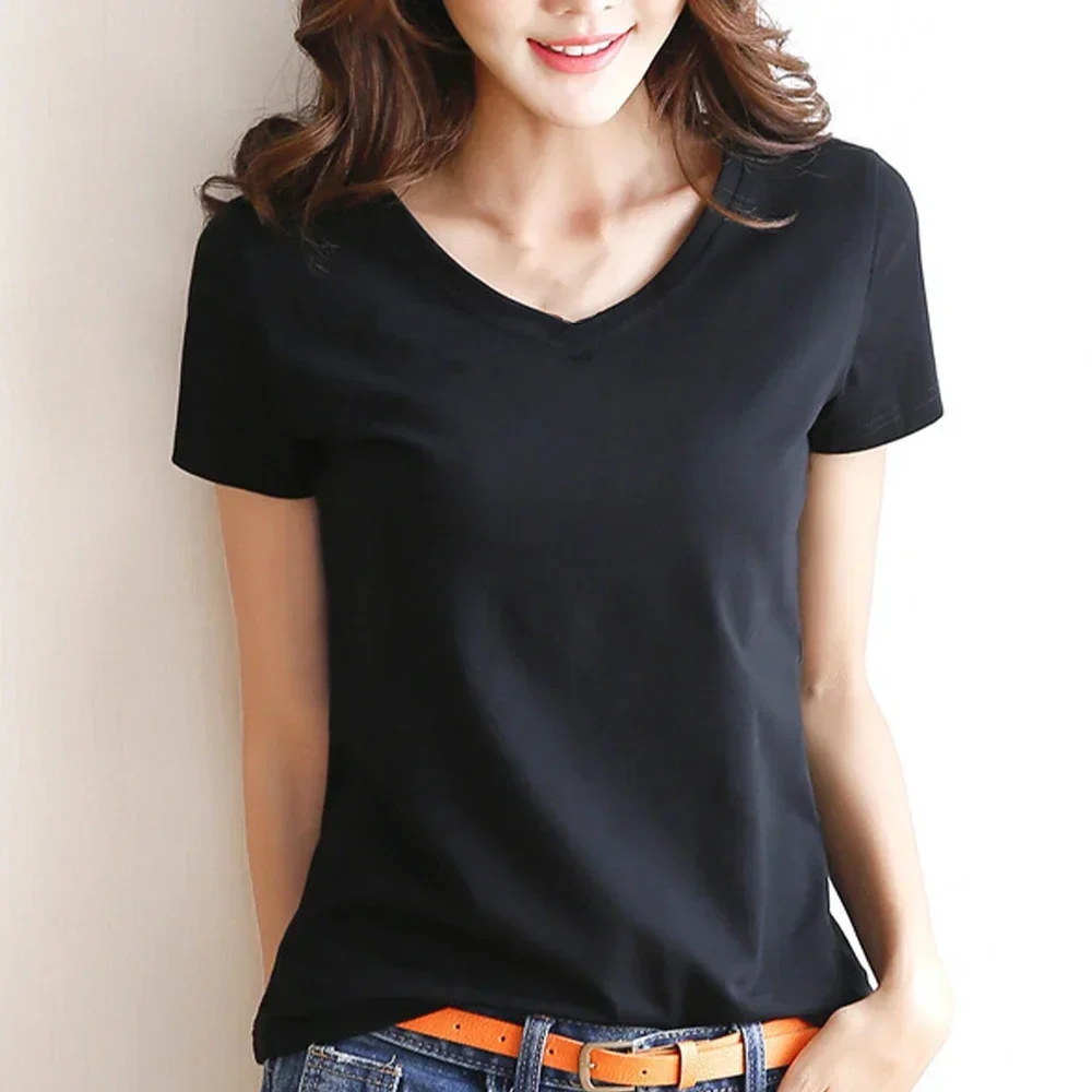 Women's Basic Tees Shirt Solid Color Plain Top Breathable Short Sleeve Round Neck V-Neck Top Fashion Stretch T-Shirt