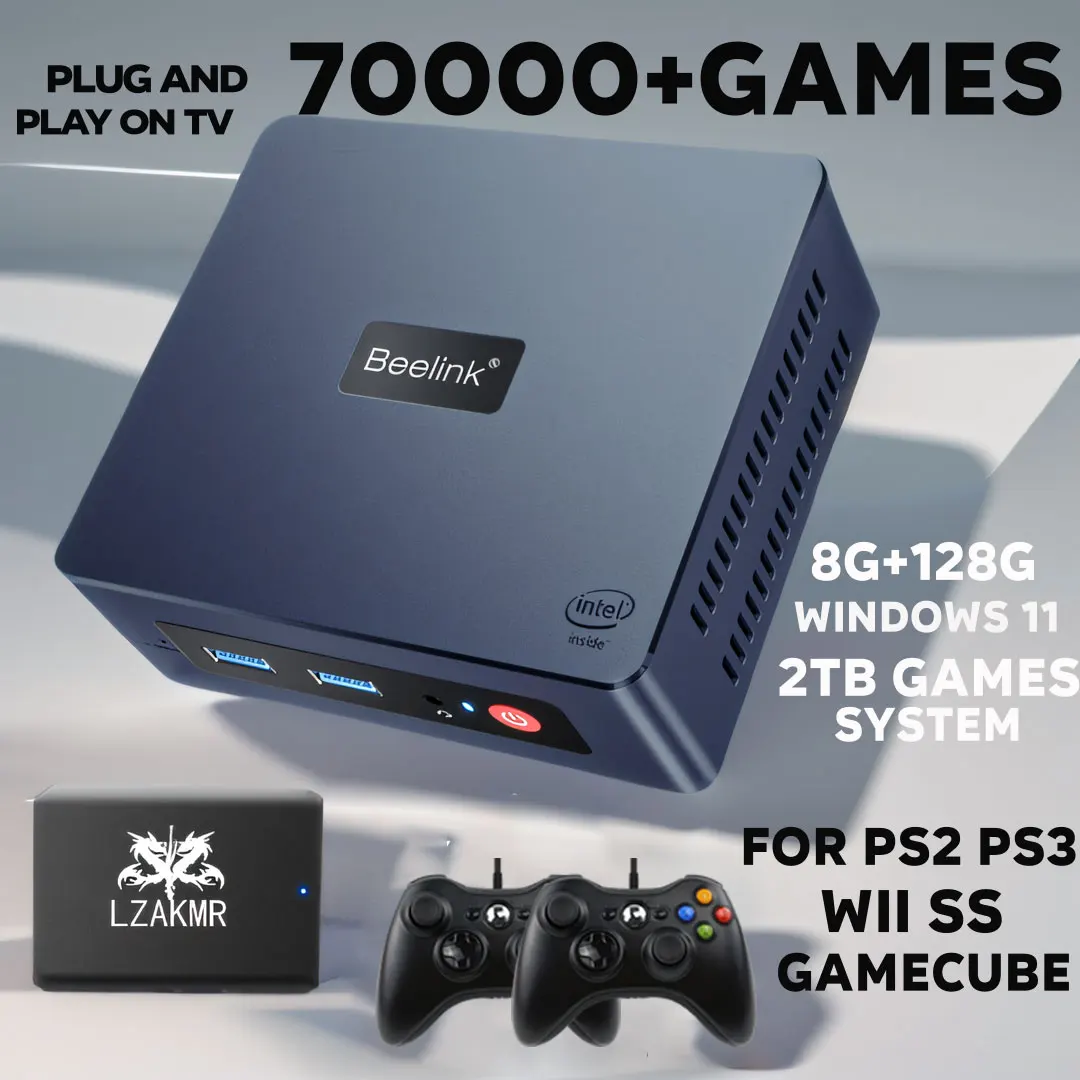 Mini PC Plug and Play on TV 70000+Retro Games 8G+128G Wind11+Batocera 2TB Games System For PS2 PS3 WII SS GAMECUBE Game Console