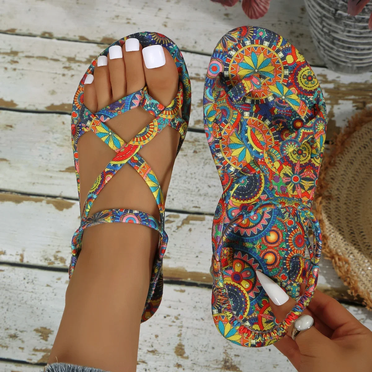 Women Sandals Color Block Elastic Band Ethnic Style Shoes Summer Large Size Flat Bottom Sandals Women Trend Beach Slip-On Shoes