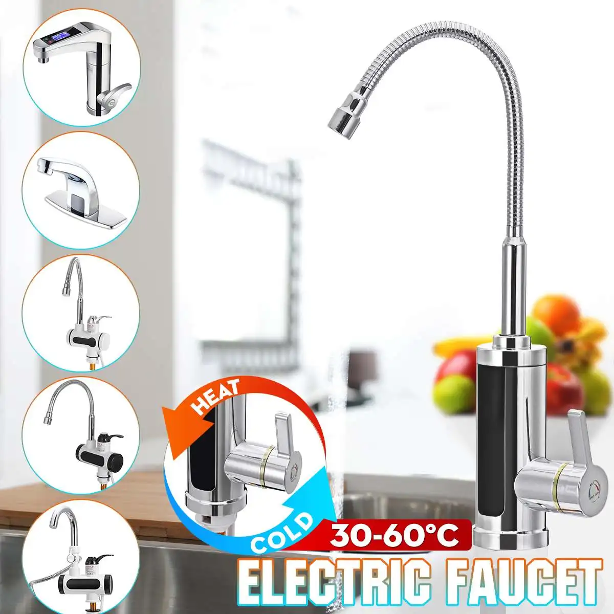 220V 3000W Electric Kitchen Flow Water Heater Tap Instant Hot Water Faucet Heater Cold Heating Tankless Water Heater with LED