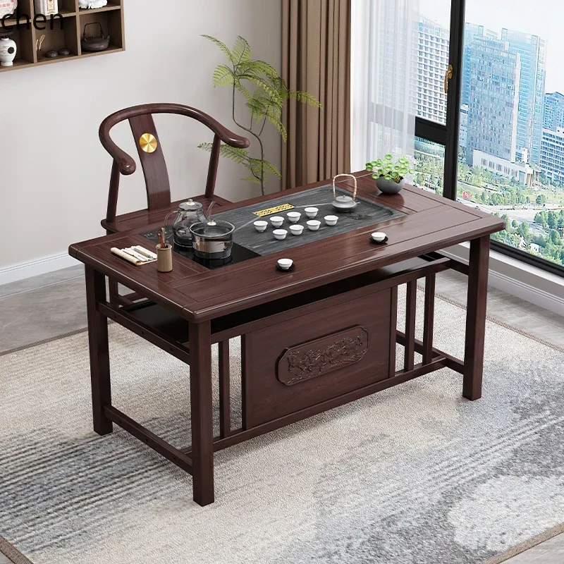 Ebony Solid Wood Tea Table with Integrated Kettle Tea Room Tea Table