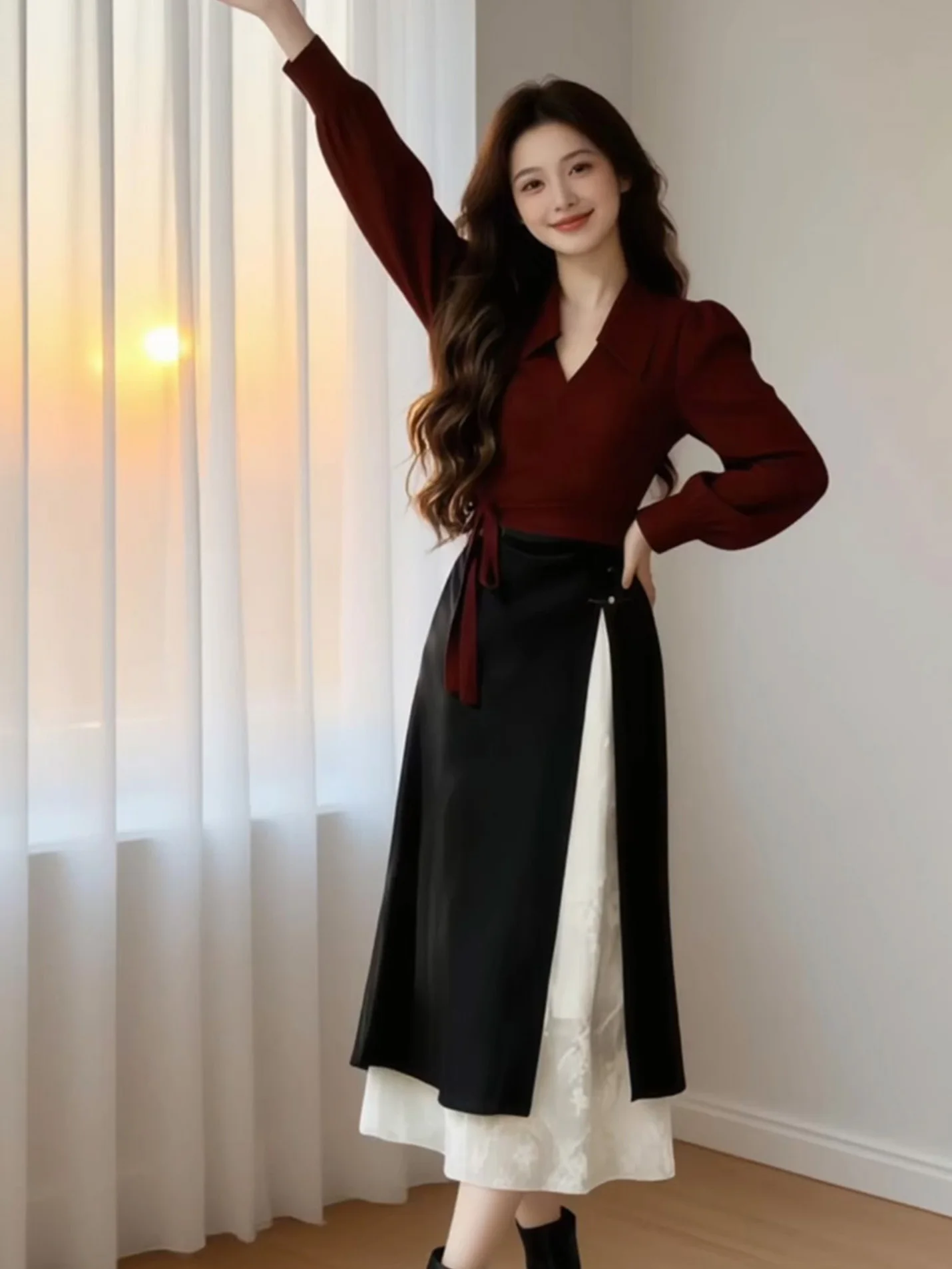 

Красный вязаный кружевной комплект с юбкой: женский весенний модный костюм-двойка с длинным рукавом, завышенной талией, облегающий, однотонный