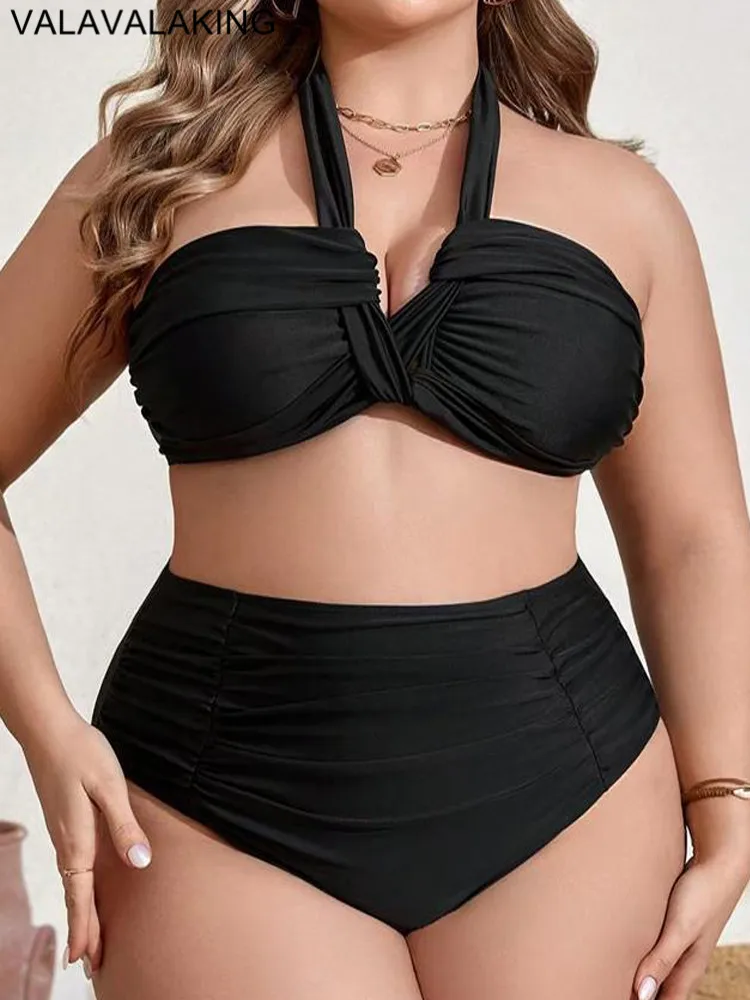 2024 Black 2 Piece Plus Size Bikini Women Tied Halter Large Swimsuit High Waist Lady Swimwear Push Up Chubby Curvy Bathing Suit