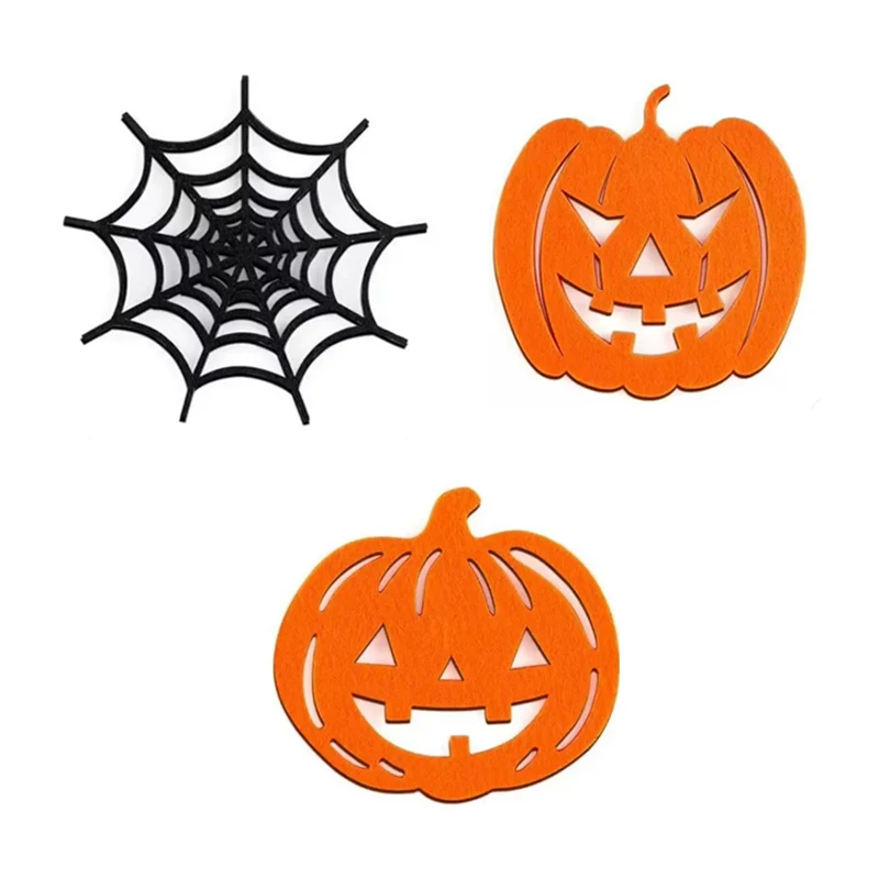 Halloween Felt Pumpkin Spider Web Cup Mat Heat‑Resistant Drink Coasters Non‑Slip Table Decoration Home Bar Party Halloween Decor