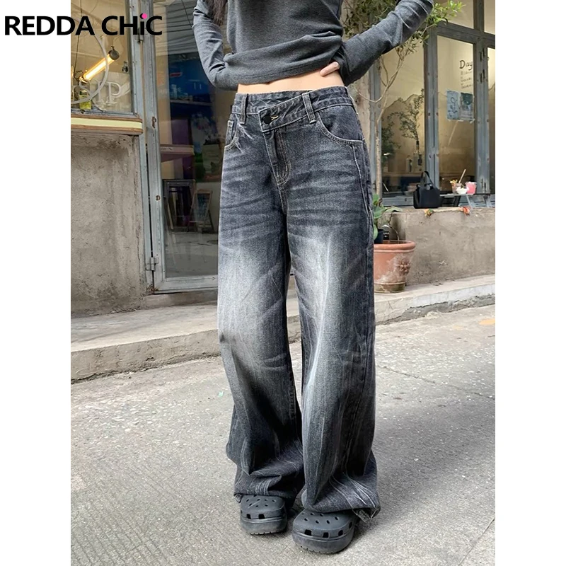 REDDACHiC Overlap Waist Whiskers Baggy Jeans Women Black Vintage Wash Straight Wide Leg Casual Denim Pants Grunge Streetwear