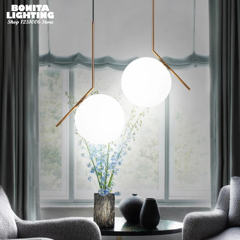 

Nordic Milky Glass Ball Hanging Chandelier Pendant for Bedroom Dinning Table Office Lighting Decoration Brass Stick Pendant Lamp