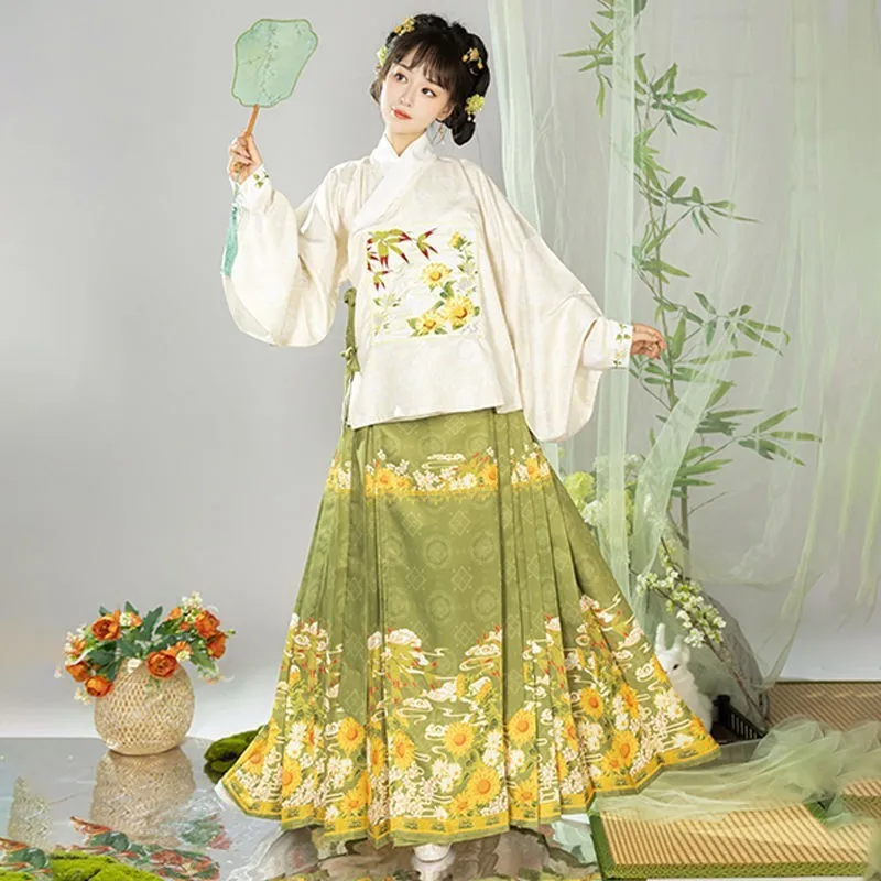 

Women's Han Chinese Clothing Italian Sunflower Straight Collar Placket Aoqun Embroidered Ming Style Hanfu Women