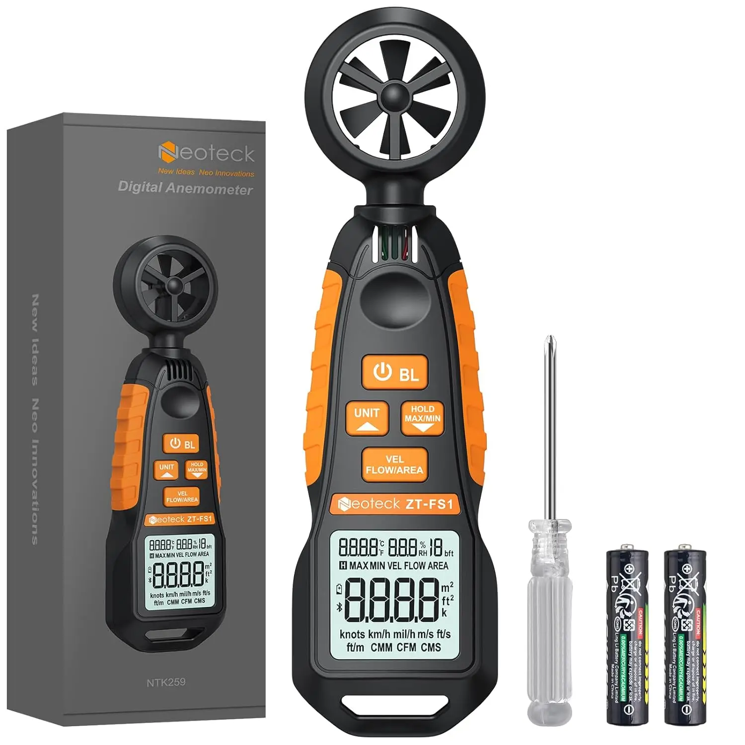 

Neoteck Anemometer: Скорость ветра, воздушный поток, CFM, влажность, температура, 6 единиц, подсветка, для HVAC/дрон/парусного спорта.