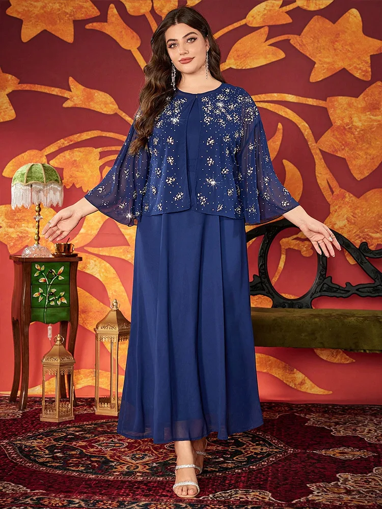 ชุดมุสลิมสำหรับผู้หญิง 2 ชิ้น เสื้อคลุมกิโมโนประดับลูกปัด ชุดเดรสยาว ดูไบ อบายา ตุรกี คาฟตัน เสื้อผ้าอิสลามสุดหรู ชุดคลุมคาฟตันสำหรับผู้หญิง