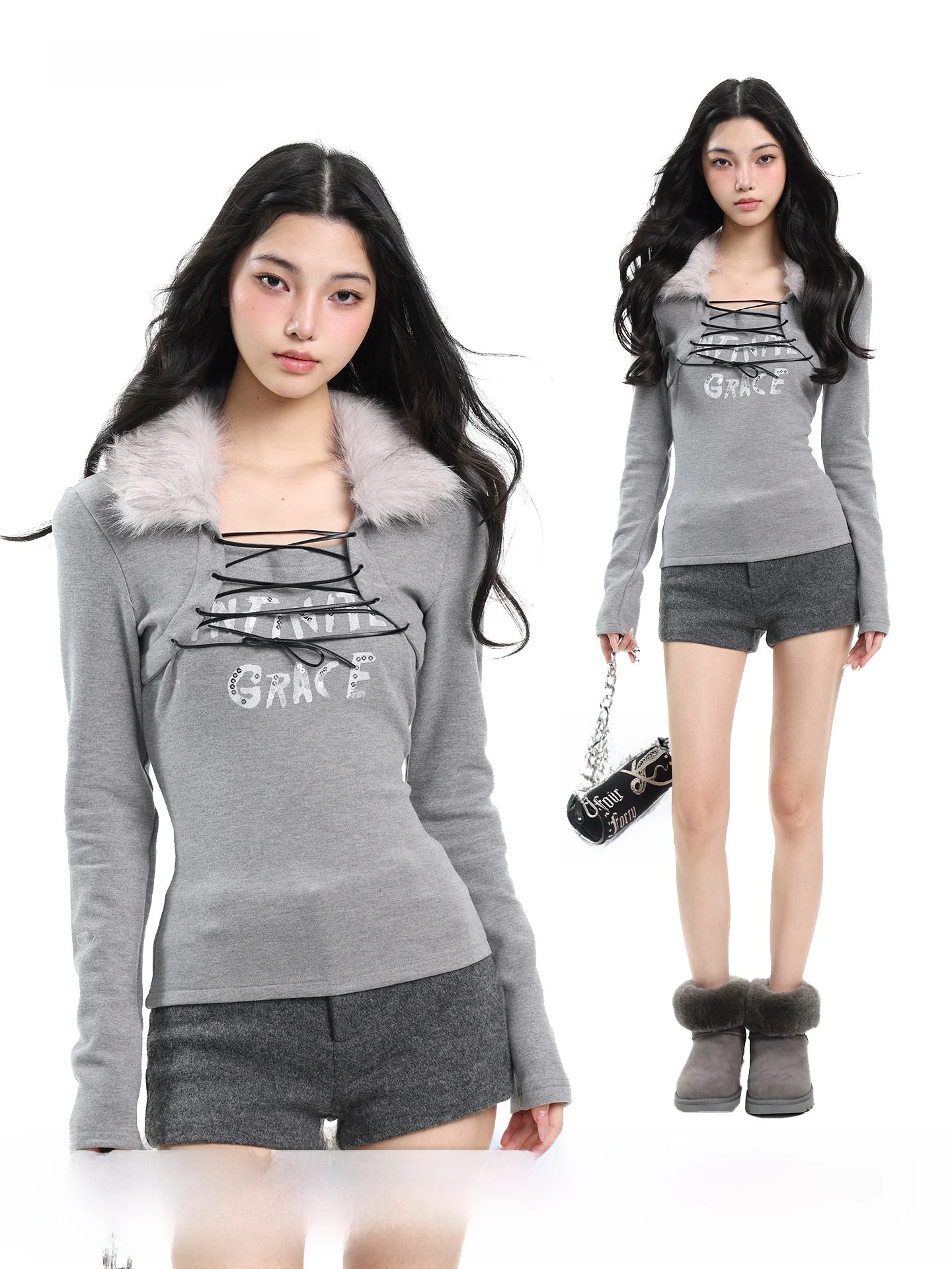 

Slim Fit Long Sve T-irt Women's Base irt Spring New Sle Uncmhisex Hot Girl ey Fur Collar Fake Two-Piece Top