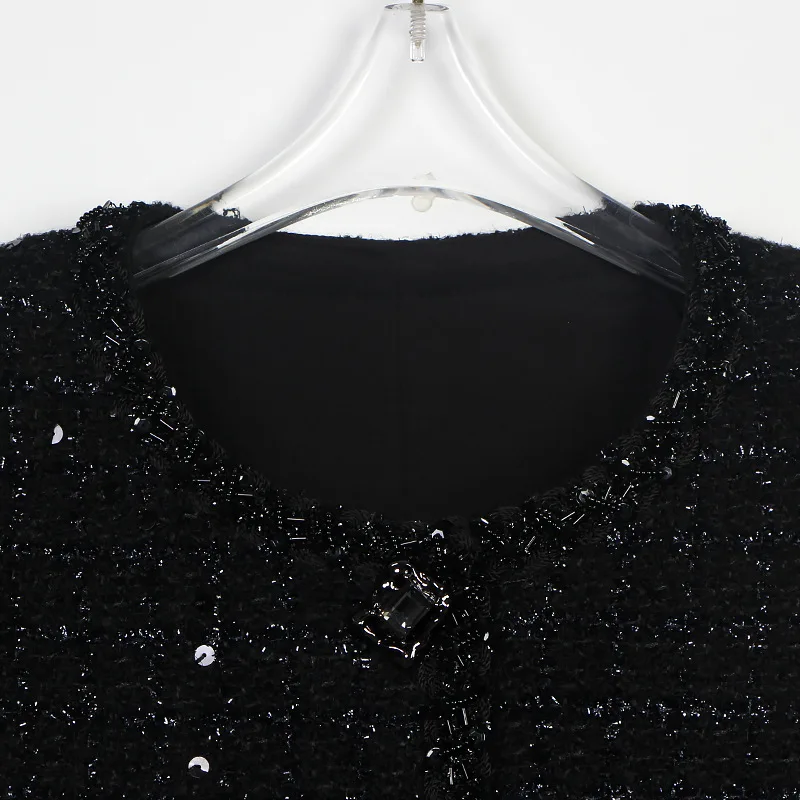 Black Round Neck Sequined Small Fragrance Women Suit Fashionable Simple High-Quality Coat + Skirt Tweed French Lady Set