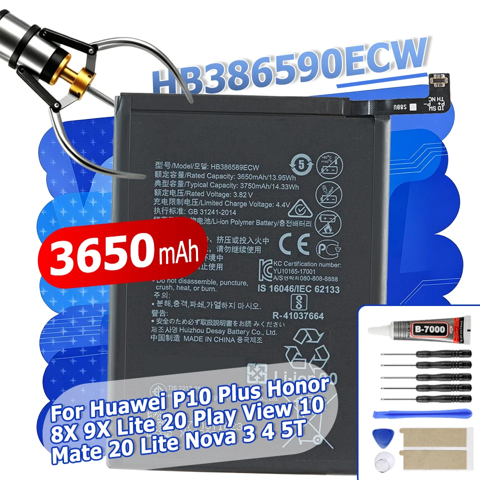 100% New HB386589ECW=HB386590ECW BATTERY For Huawei P10 Plus Honor 8X 9X Lite 20 Play View 10 Mate 20 Lite Nova 3 4 5T + Tools