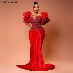 EVLAST Customized African Prom Party Dress Red Velvet Ruffled Puffy Sleeve Beaded Mermaid Aso Ebi Wedding Reception Dress P127