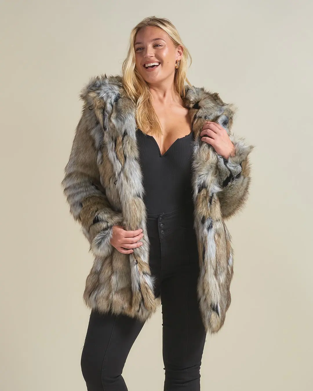 Women's New Faux fur coat with hood Mid-length Suitable for multiple scenarios fall and winter faux fox fur coat