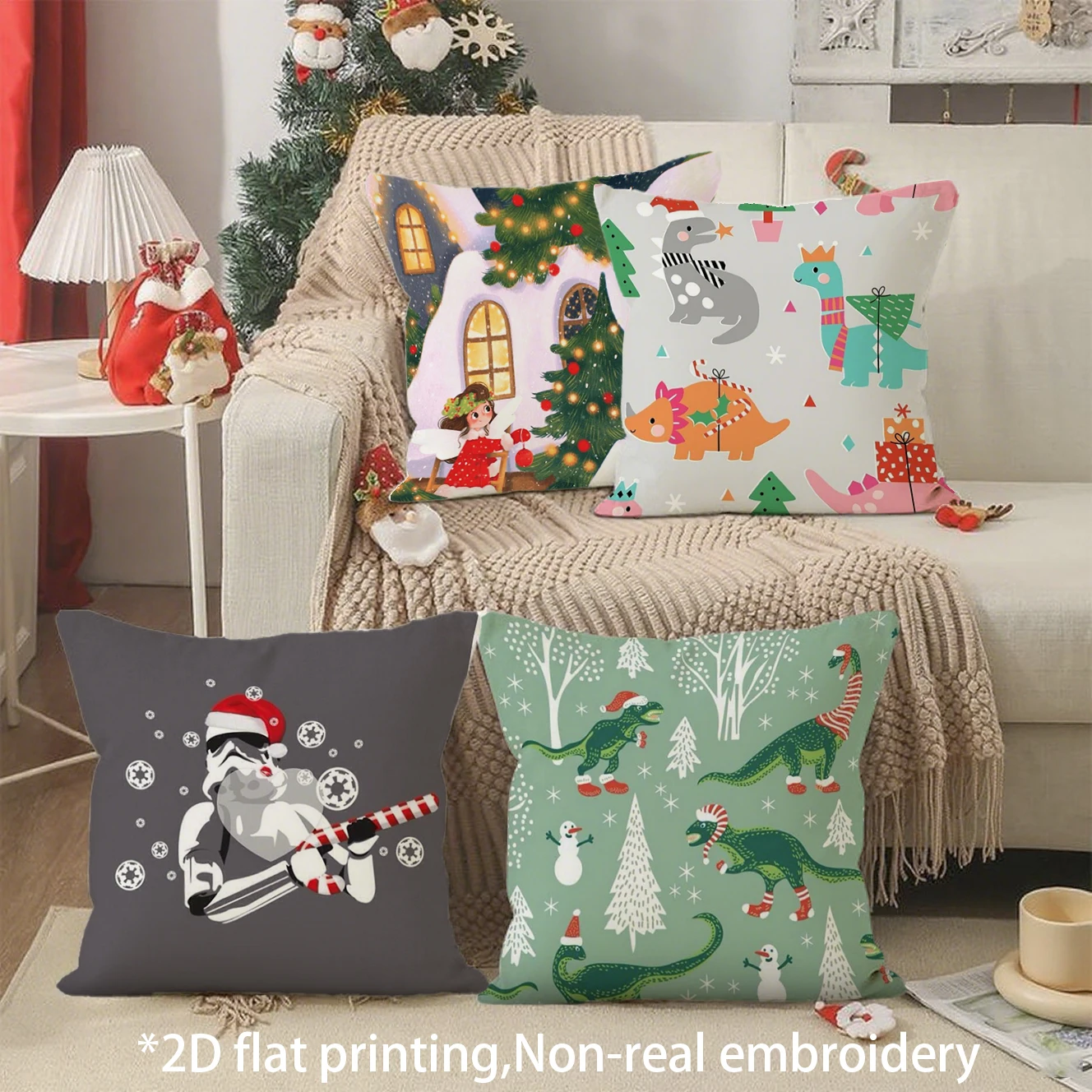 Christmas Dinosaur Holiday Pillow Covers Pattern Cushion Cover Suitable for Sofa Bedroom Car Pillow Cover