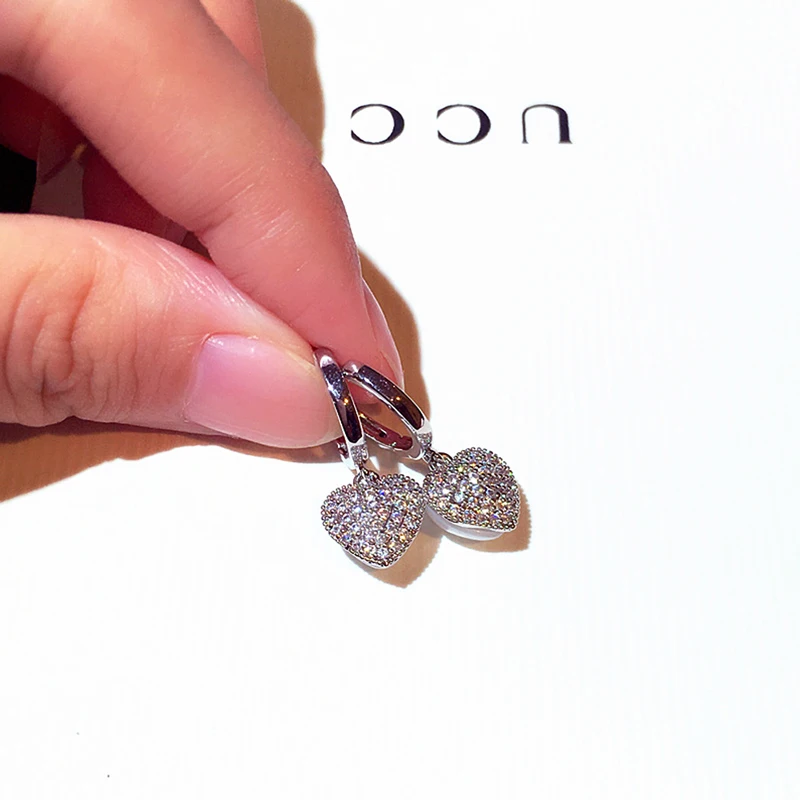 JUWANG New Fashion Korean Exquisite Super Shine Crystal Hoop Earrings Heart Earrings Buckle for Women Fine Delicate Women Gift