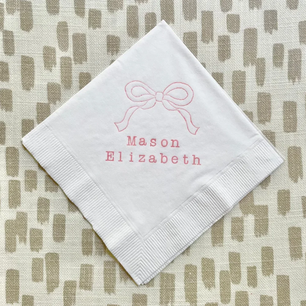 50Pcs Personalized Baby Bow Ribbon Shower White Beverage Cocktail Napkins Baby Girl in Light Pink ink, Birthday Gold Foil Napkin