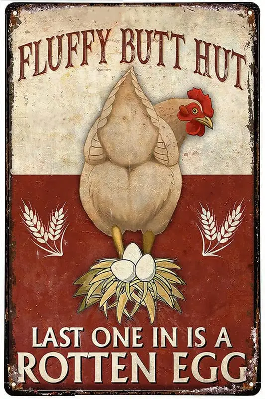 Licpact Vintage Metal Tin Sign Chicken And Egg Poster Fluffy Butt Hut Metal Tin Sign Wall Plaque for Home Kitchen Bar Coffee Sho