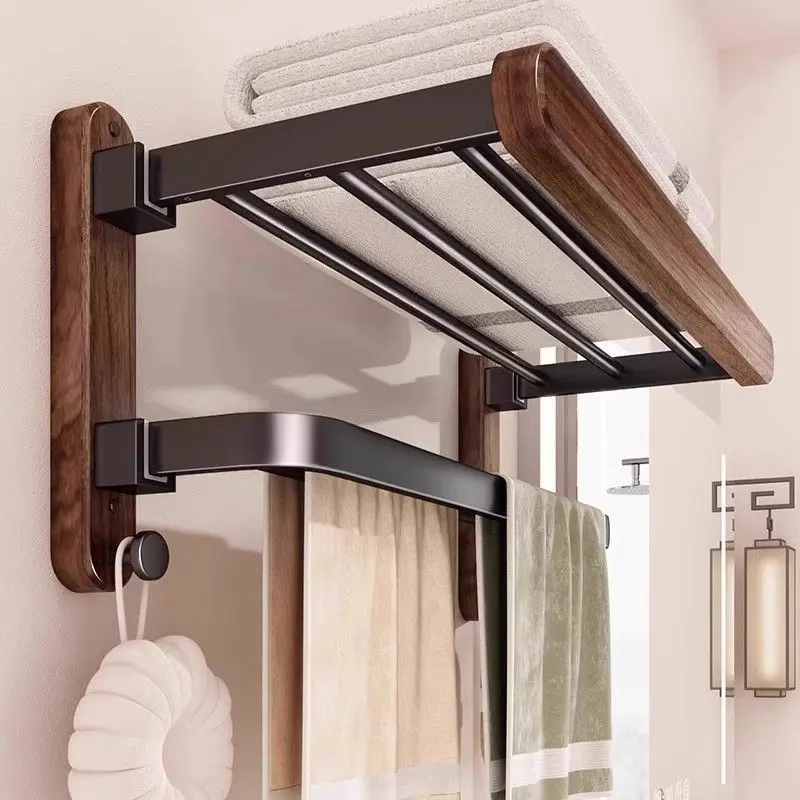 Bathroom Wall Mounted Shelf, 90° Folding Towel Rack, Ventilated Storage Hanger, No-Drill Moisture-Proof & Mildew-Proof for Home