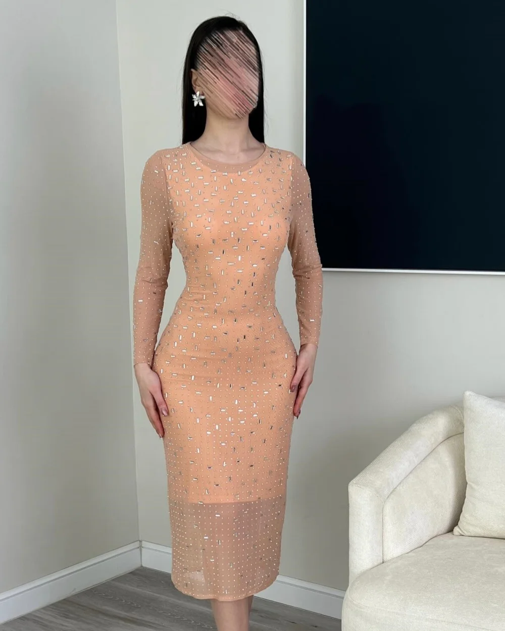 

Customized Modern Style Women Jersey Rhinestone Ruched Sheath Evening Dresses Matching O-Neck Long Sleeves Tea Length Dresses