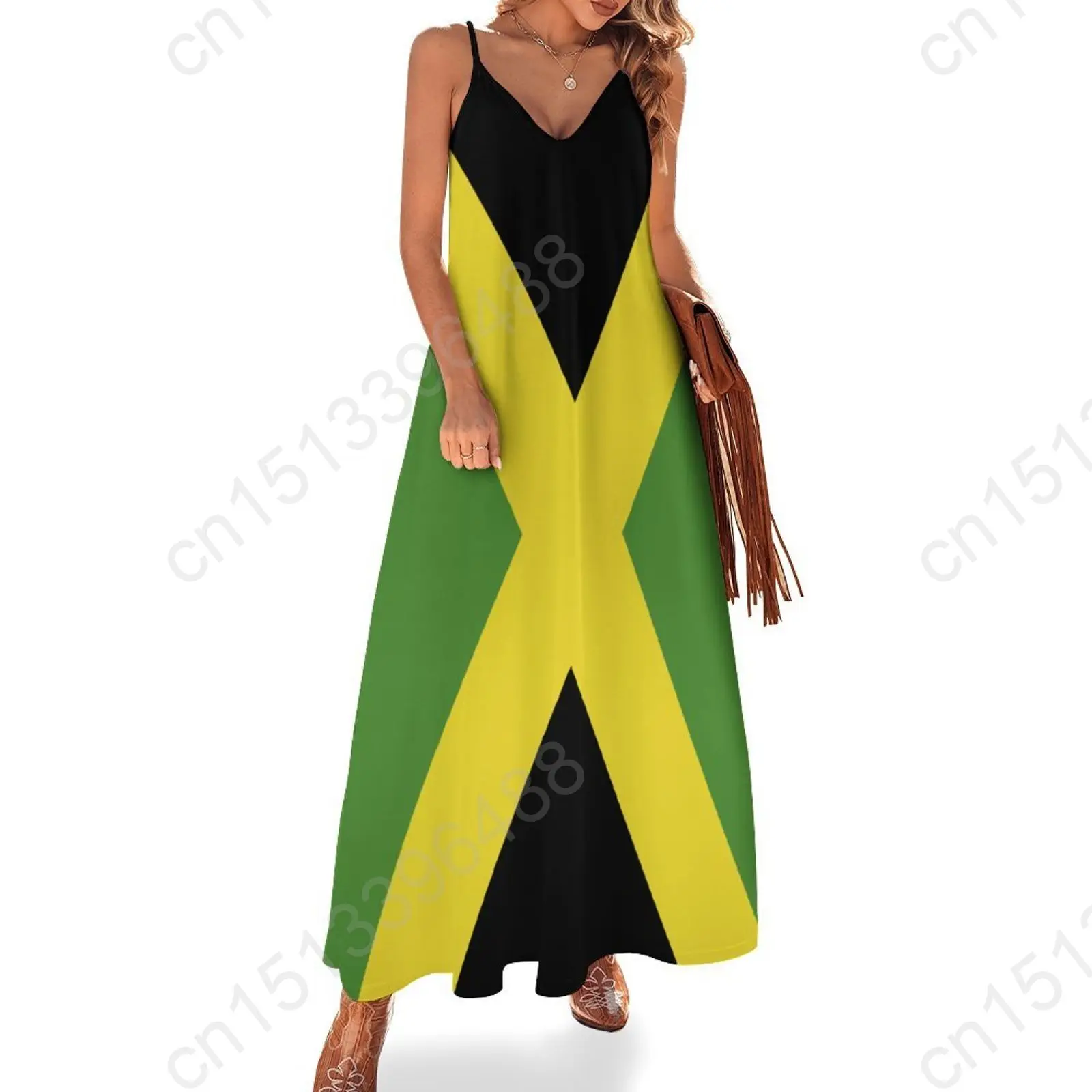 Jamaica Flag Print New Casual Sleeveless Long Dress Women\'s V-Neck Printed Dress Swing Retro Dresses