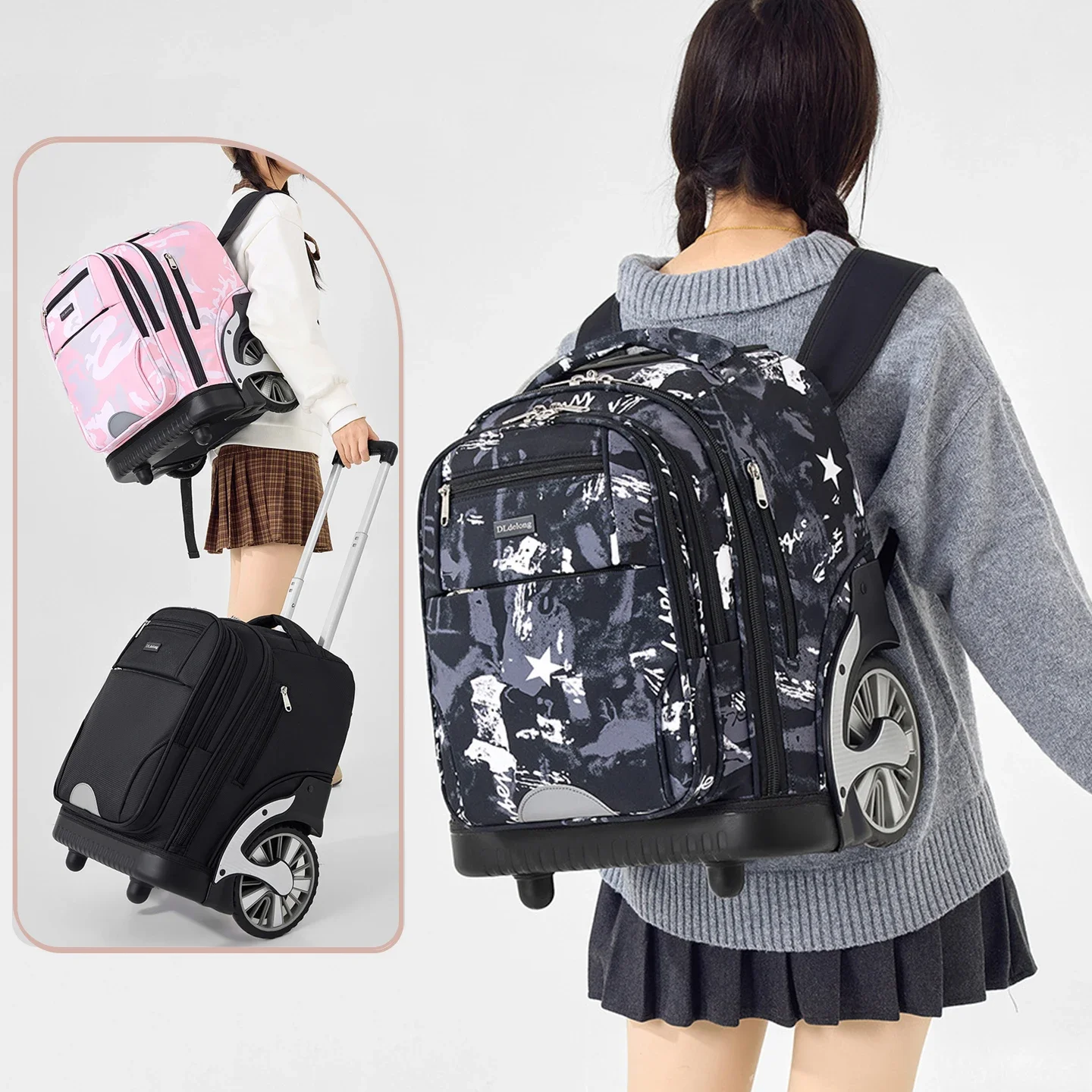 Large Capacity Wheeled Rolling Backpack Commute Boarding Travel to School Work Trolley Bag Universal Men Women Adults Students