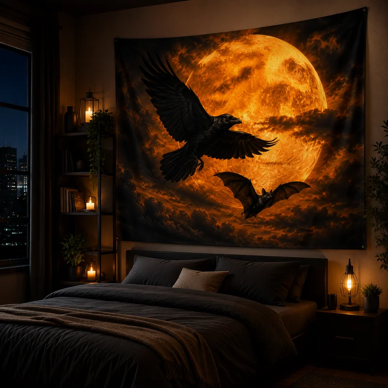 VIKAMA Gothic Full Moon Tapestry, Harvest Full Moon with Ravens and Bats Wall Hanging, Halloween Art Tapestry, Home Decor