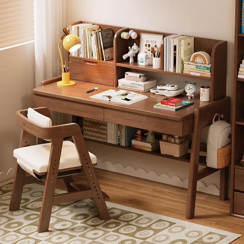 #Children's Study Desk with Bookshelf and Chair Solid Wood Desk for Students Home Bedroom Use No Foldable